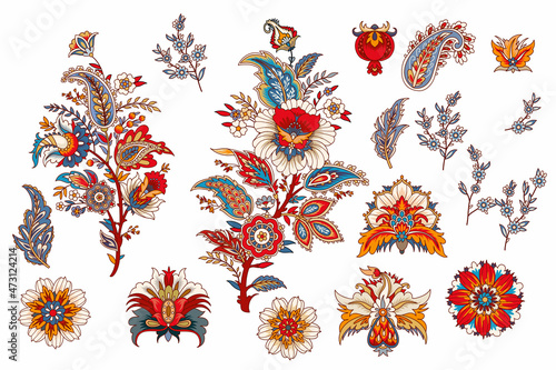 Set of decorative elements with branches, flowers and leaves