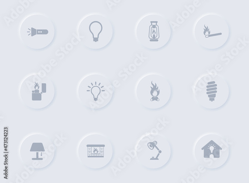 light gray vector icons on round rubber buttons. light icon set for web, mobile apps, ui design and promo business polygraphy