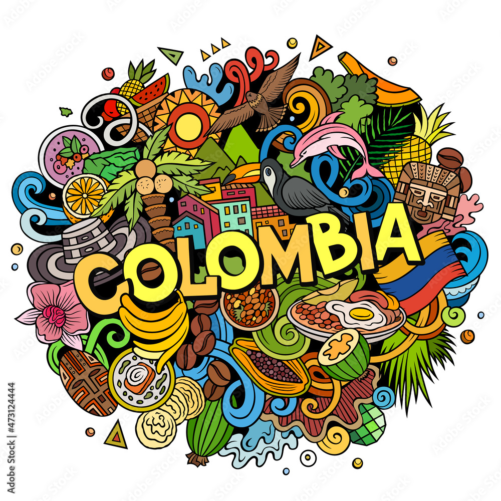 Colombia hand drawn cartoon doodle illustration. Funny Colombian design.