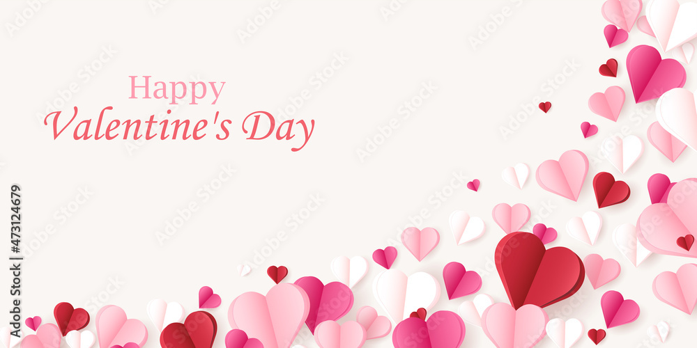 Valentine's day concept background. Vector illustration. 3d red and pink paper hearts . Cute love sale banner or greeting card