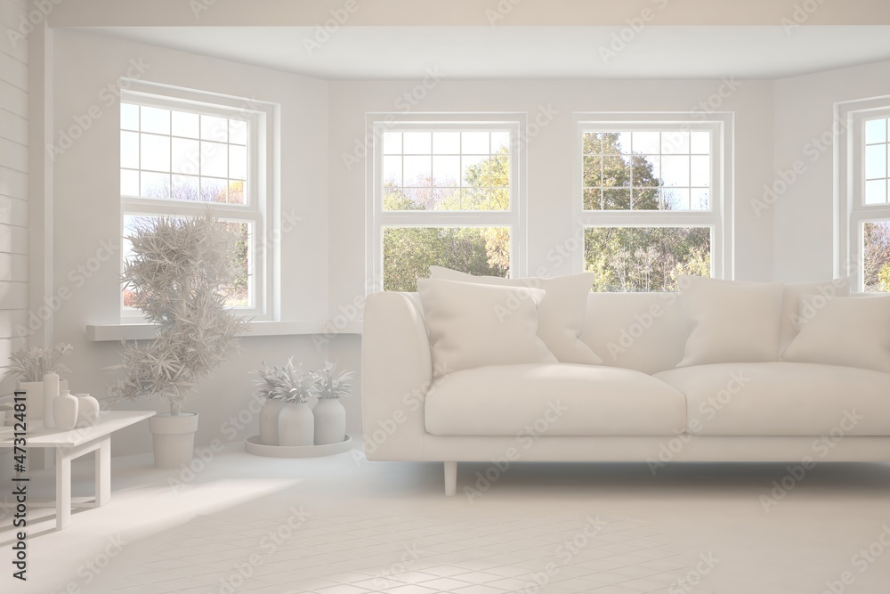 Stylish room in white color with sofa and autumn landscape in window. Scandinavian interior design. 3D illustration Stylish room in white color with sofa and autumn landscape in window. Scandinavian interior design. 3D illustration