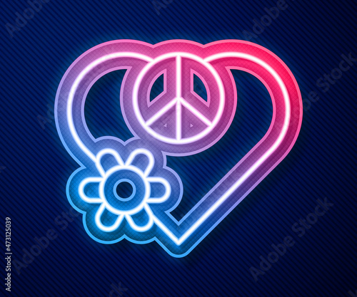 Glowing neon line Love peace icon isolated on blue background. Hippie symbol of peace. Vector