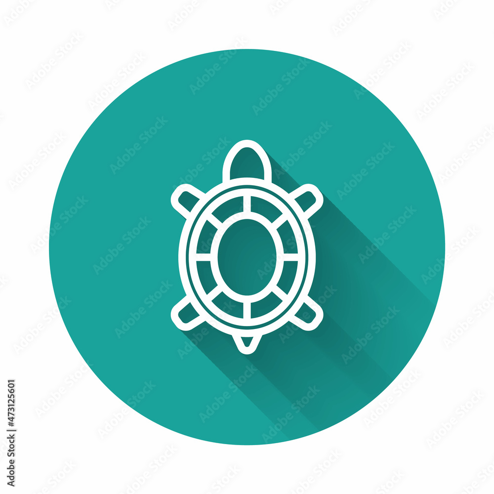 White line Turtle icon isolated with long shadow background. Green circle button. Vector White line Turtle icon isolated with long shadow background. Green circle button. Vector