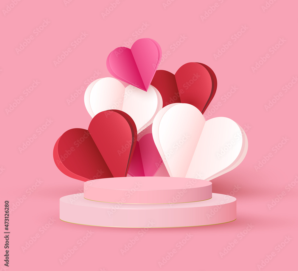 Happy Valentines Day card with podium stage and circle frame with 3d paper hearts. Vector holiday design template. Pink concept sale banner or greeting card.
