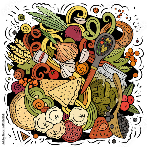 Russian food hand drawn vector doodles illustration. Russia cuisine poster