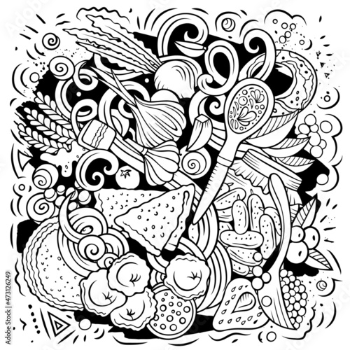 Russian food hand drawn vector doodles illustration.