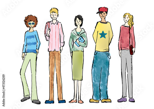 様々な国の若い外国人の手描きイラスト　主線あり