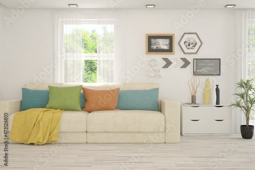 White living room with sofa and summer landscape in window. Scandinavian interior design. 3D illustration