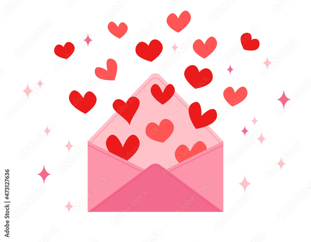 hearts fly out of empty envelope. Valentines Day flat vector illustration. Love symbols and envelope isolated
