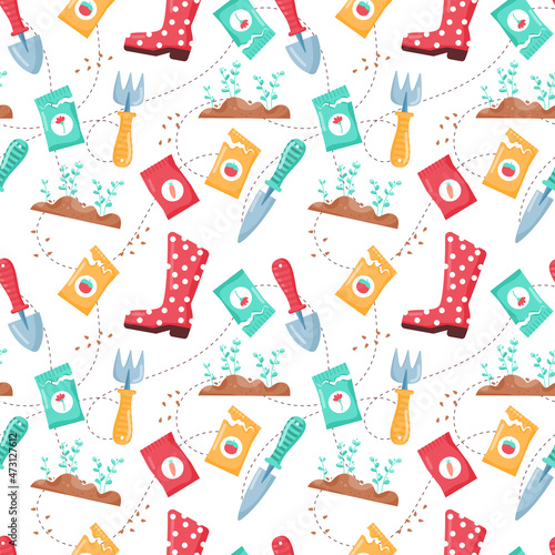 Garden tools pattern. Seamless print with instruments and tools for gardening agriculture and soil works. Vector texture with plant irrigate and landscape equipment