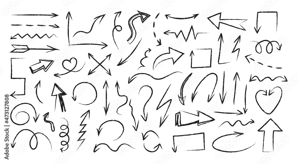 Black doodle arrows. Hand drawn cartoon curly and straight direction arrows and pencil navigation symbols, orientation pointers. Vector grunge set Black doodle arrows. Hand drawn cartoon curly and straight direction arrows and pencil navigation symbols, orientation pointers. Vector grunge set