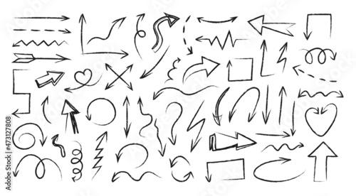 Black doodle arrows. Hand drawn cartoon curly and straight direction arrows and pencil navigation symbols, orientation pointers. Vector grunge set