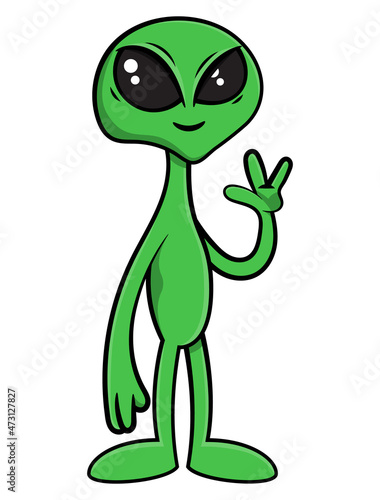Cartoon illustration of Green Alien coming to earth with peace and greeting humans  best for mascot  character  and logo with outer space themes
