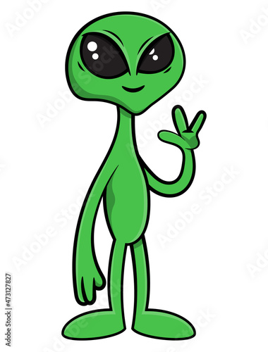 Cartoon illustration of Green Alien coming to earth with peace and greeting humans, best for mascot, character, and logo with outer space themes