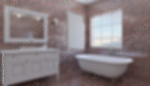 Bokeh blurred phototography. Modern bathroom including bath and sink. 3D rendering.. Empty pa