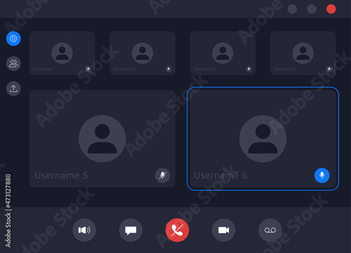 Video call screen. Video conference and web meeting application user interface for and chat with buttons and user screen overlay. Vector layout