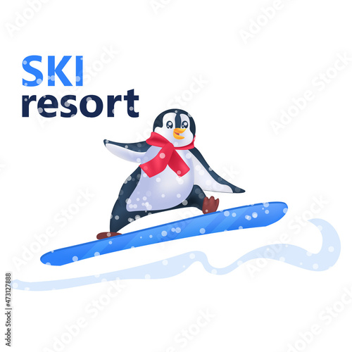 cute penguin snowboarding ski resort concept full length