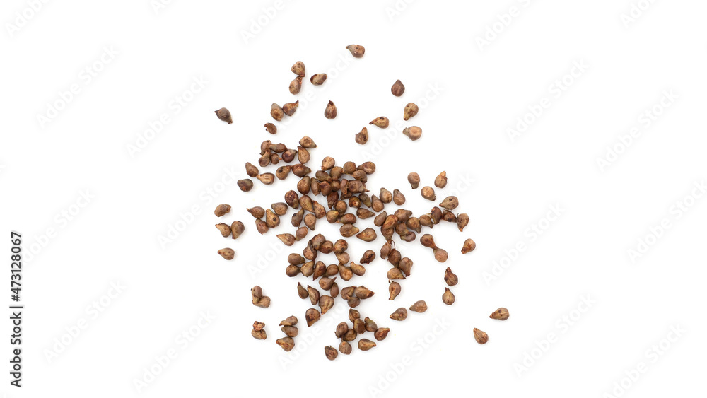 Pile of dry, raw grape seeds isolated on white, top view. Pile of dry, raw grape seeds isolated on white, top view.