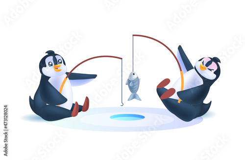 cute penguins using rods antarctic birds fishing together full length horizontal