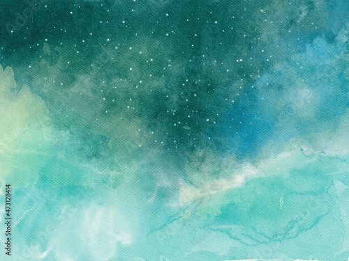 abstract minimalistic teal watercolor background, blue sky with clouds and stars, handcrafted minimalistic cover template for editing with space for text, Christmas wallpaper  with snow © NIKACOLDBLUE