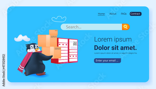 cute penguin animal delivering cardboard boxes delivery service concept arctic bird postman horizontal full length