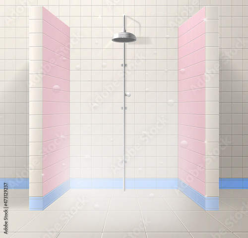 Shower cubicle made of tiles with a partition. Steam and soap bubbles.