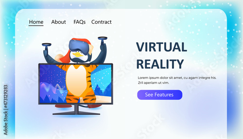 cute penguin animal wearing vr headset antarctic bird exploting virtual reality interactive services full length