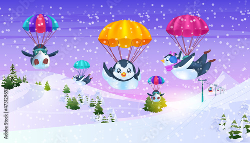 cute penguins flying on parachutes antarctic birds having fun snowfall landscape background