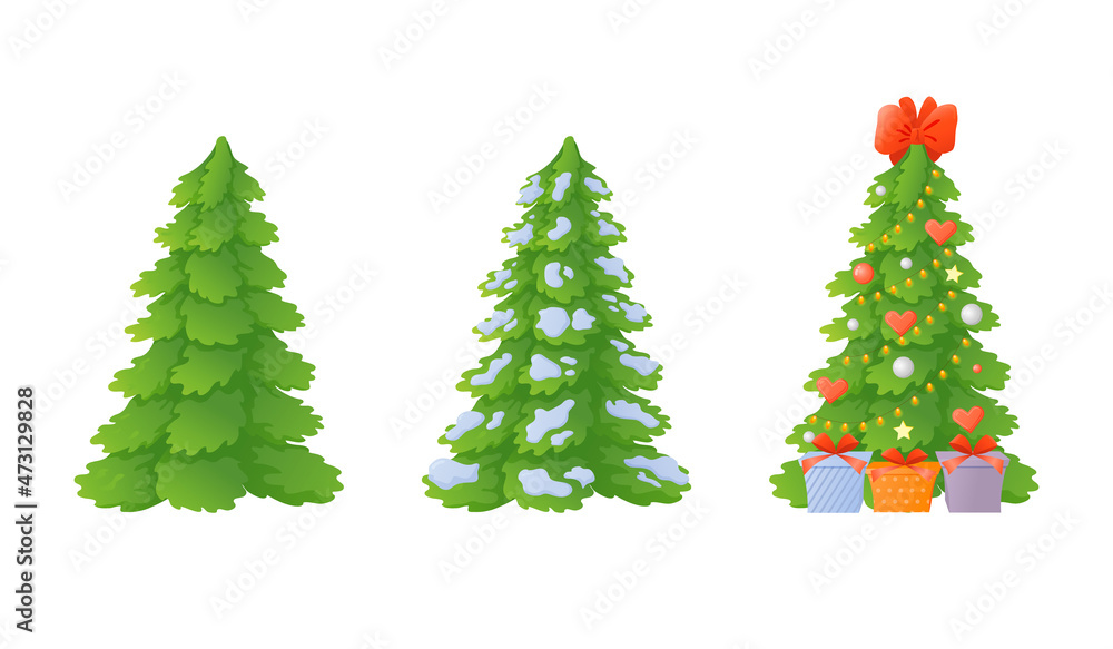 Set of Christmas trees in cartoon style. Spruce.