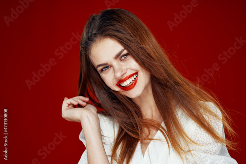 attractive woman red hair red lips posing glamor