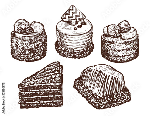 Sweet bakery, dessert sketch set. Food, cake with fruit, piece of pie