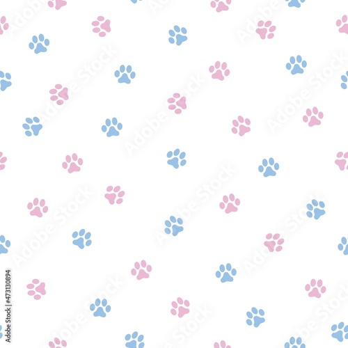 footprints seamless pattern. White background. cute blue and pink animal footprints. vector texture. print for textiles and wallpaper. 