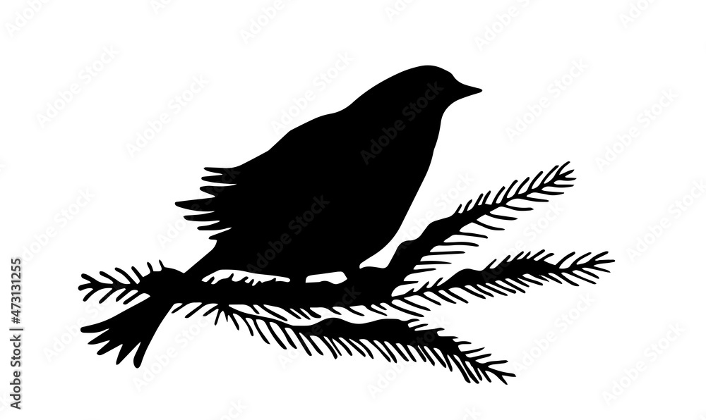 Hand drawn monochrome silhouettes of bird on branch. Silhouette of winter bird bullfinch. Decor element. Hand drawn monochrome silhouettes of bird on branch. Silhouette of winter bird bullfinch. Decor element.