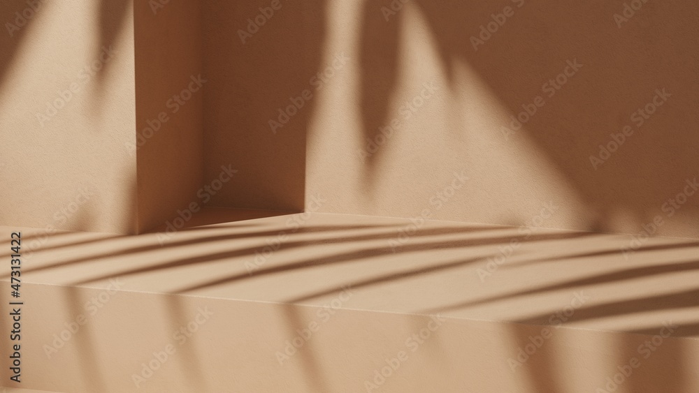 Blank podium background for product display with leaves shadow. Product presentation. 3d render.