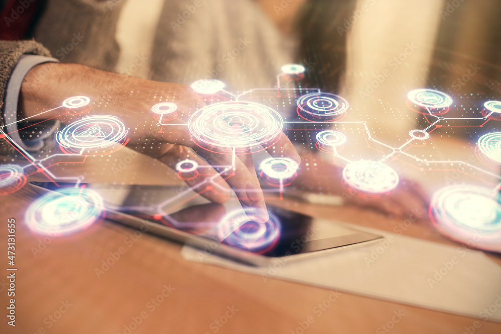 Double exposure of social network theme drawing and man and woman working together holding and using a mobile device. Double exposure of social network theme drawing and man and woman working together holding and using a mobile device.