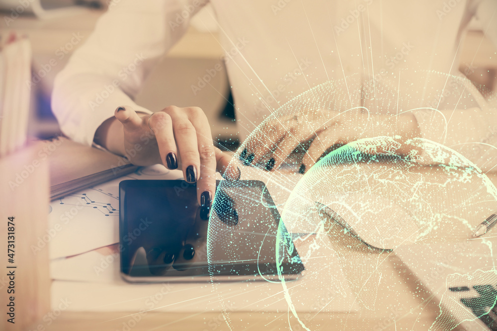 Double exposure of social network sketch hologram and woman holding and using a mobile device. Double exposure of social network sketch hologram and woman holding and using a mobile device.