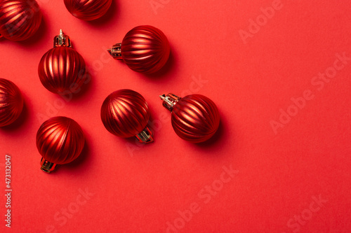 Christmas red background flat lay, copy space. New year and Christmas concept