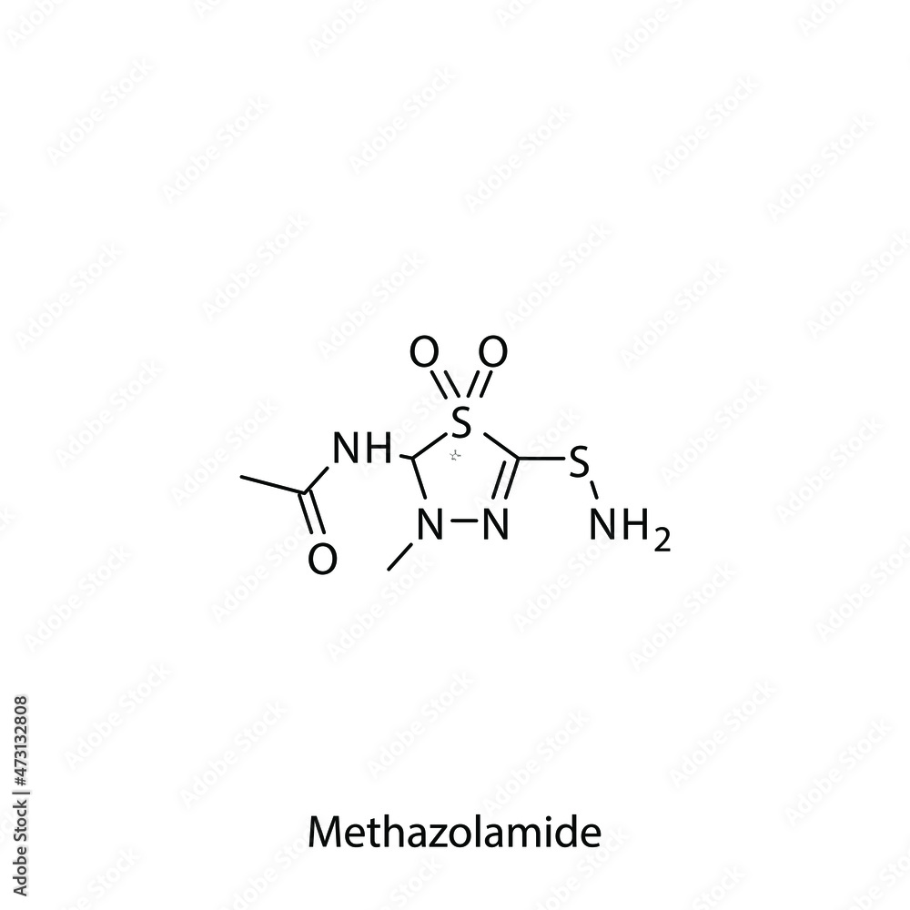 Methazolamide molecular structure, flat skeletal chemical formula. Carbonic anhydrase inhibitor drug used to treat Glaucoma. Vector illustration.