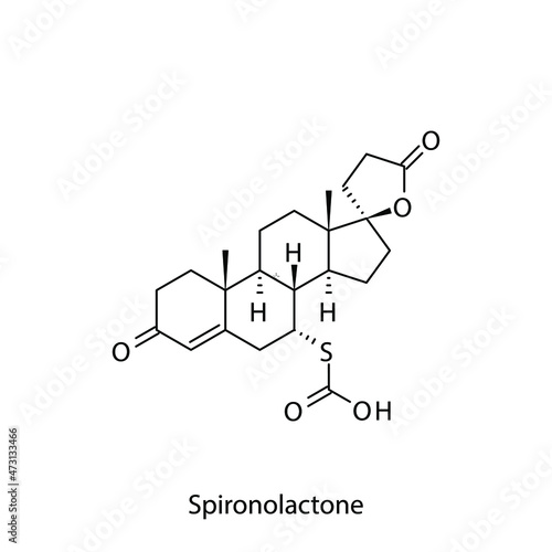 Spironolactone molecular structure, flat skeletal chemical formula. Aldosterone antagonist drug used to treat hyperaldosteronism, heart failure. Vector illustration.