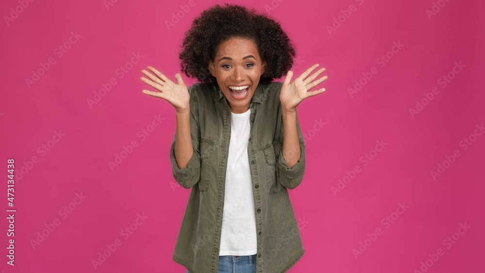 Delighted lady fists up grateful jackpot isolated fuschia color background Delighted lady fists up grateful jackpot isolated fuschia color background