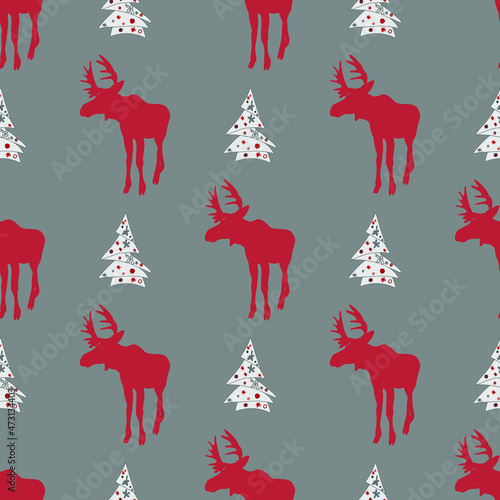 Vector pattern of moose and Christmas trees. Christmas seamless illustration, blank for designer, logo, icon, textile