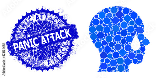Man tear vector collage of circle dots in variable sizes and blue color tones, and grunge Panic Attack stamp seal. Blue round sharp rosette stamp seal has Panic Attack caption inside it.