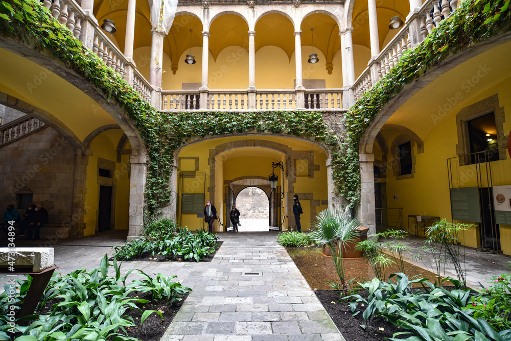 Barcelona, Spain - 23 Nov, 2021: Interior Courtyard of the Archive of the Crown of Aragon in Barcelona , Catalonia, Spain