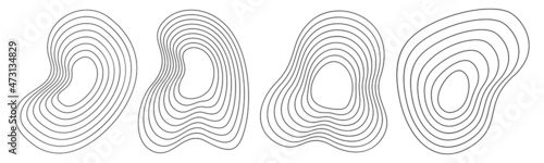 Set of 3 abstract liquid geometric shapes. Dynamical forms with lines, isolated on white background. Graphic elements. Template for poster, logo, cover design. Vector black and white illustration.
