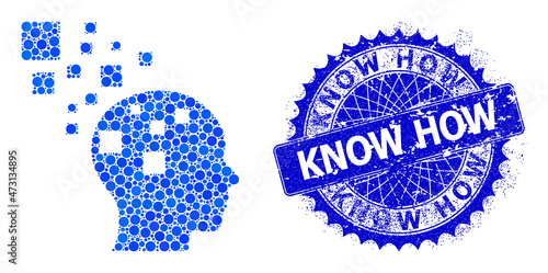 Memory compilation vector collage of dots in various sizes and blue color tinges, and textured Know How badge. Blue round sharp rosette stamp seal has Know How tag inside.