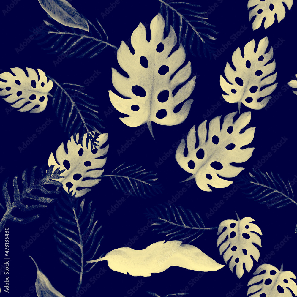 Naklejka premium White Seamless Set. Blue Pattern Wallpaper. Azure Watercolor Decor. Navy Tropical Background. Gray Floral Palm. Indigo Summer Garden. Beryl Botanical Print.