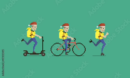 colorful simple flat pixel art illustration of cartoon character delivery men in christmas hat and yellow uniform with yellow backpacks wich riding on electric scooter, bike and roller skate photo