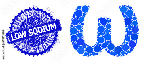 Omega Greek lowercase symbol vector composition of circle dots in different sizes and blue color shades, and scratched Low Sodium stamp seal.