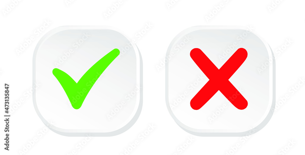 Tick and cross sign 3d green and red colors on a white background. Vector illustration Tick and cross sign 3d green and red colors on a white background. Vector illustration