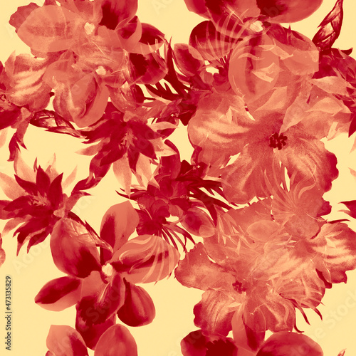 Scarlet Watercolor Garden. Pink Flower Palm. Rusty Seamless Jungle. Coral Hibiscus Background. Pattern Design. Tropical Foliage. Fashion Palm.Art Illustration.